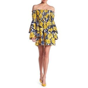 EEUC Women's L'ATISTE by Amy Off Shoulder Yellow Floral Smocked Dress MEDIUM